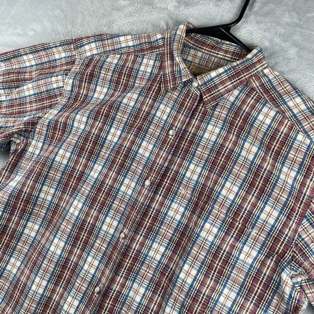 Woolrich Shirt Womens Large Red Blue Tartan Plaid Seersucker Short Sleeve Button